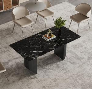 English Elm Black Veined Marble Dining Table with Steel Legs Seats Six for Formal Rooms B341S00050