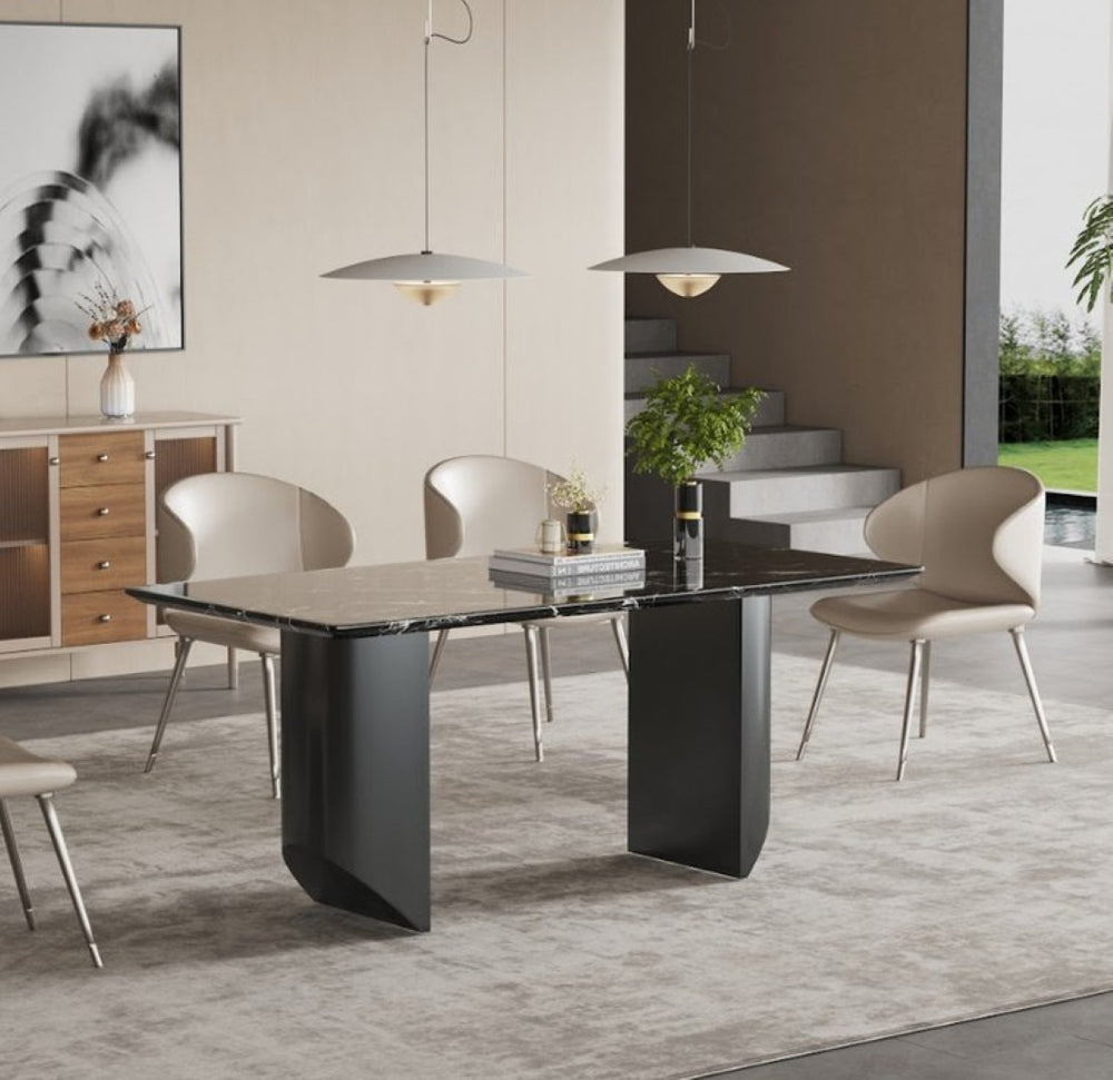 English Elm Black Veined Marble Dining Table with Steel Legs Seats Six for Formal Rooms B341S00050