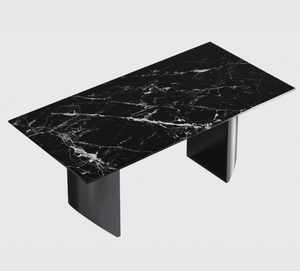 English Elm Black Veined Marble Dining Table with Steel Legs Seats Six for Formal Rooms B341S00050