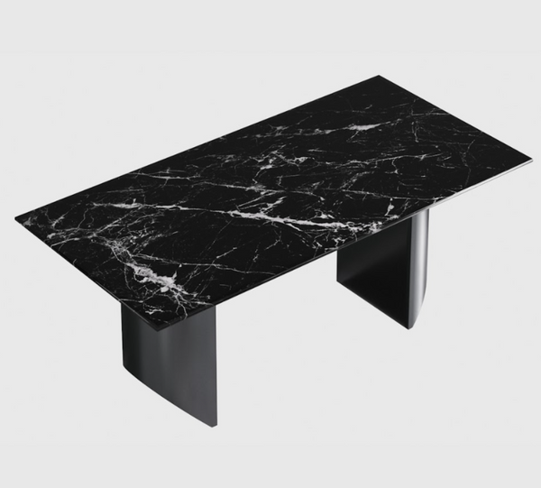 English Elm Black Veined Marble Dining Table with Steel Legs Seats Six for Formal Rooms B341S00050