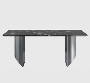 English Elm Black Veined Marble Dining Table with Steel Legs Seats Six for Formal Rooms B341S00050