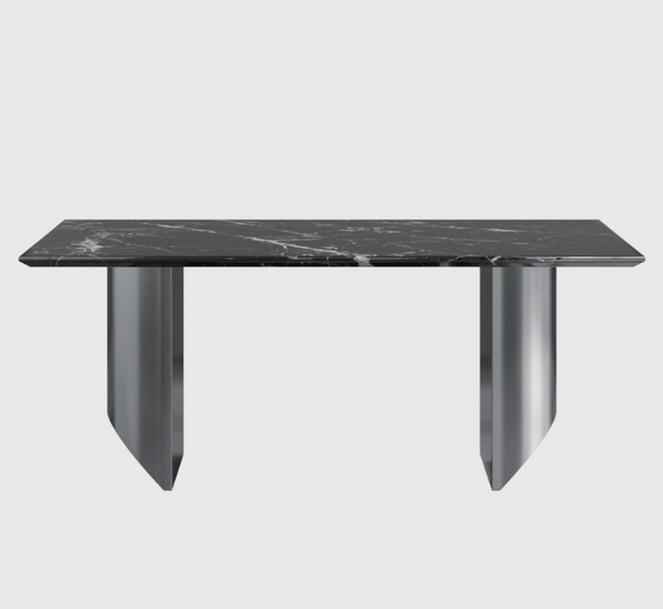 English Elm Black Veined Marble Dining Table with Steel Legs Seats Six for Formal Rooms B341S00050