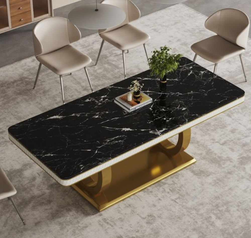 English Elm Black Marble Rectangular Dining Table with Gold Electroplated Legs for Luxury Interiors B341S00052