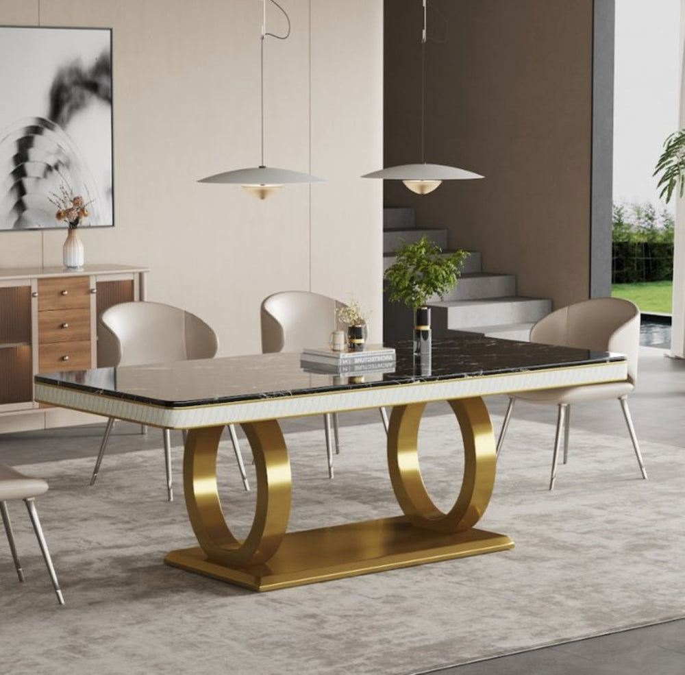 English Elm Black Marble Rectangular Dining Table with Gold Electroplated Legs for Luxury Interiors B341S00052