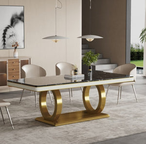 English Elm Black Marble Rectangular Dining Table with Gold Electroplated Legs for Luxury Interiors B341S00052