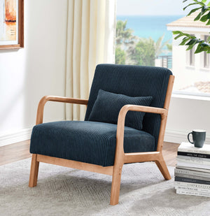 English Elm Wooden Scandinavian Lounge Chair Solid Frame Ribbed Corduroy Seat with Lumbar Cushion Blue B343P328597