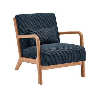 English Elm Wooden Scandinavian Lounge Chair Solid Frame Ribbed Corduroy Seat with Lumbar Cushion Blue B343P328597
