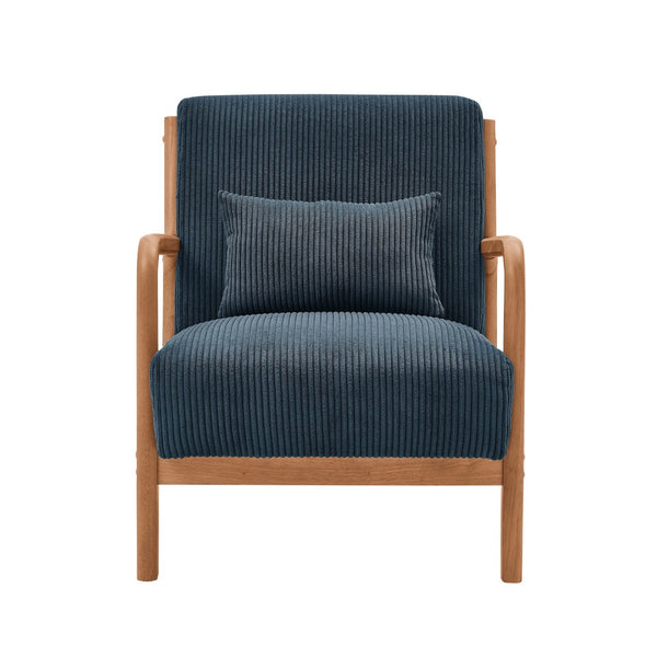 English Elm Wooden Scandinavian Lounge Chair Solid Frame Ribbed Corduroy Seat with Lumbar Cushion Blue B343P328597