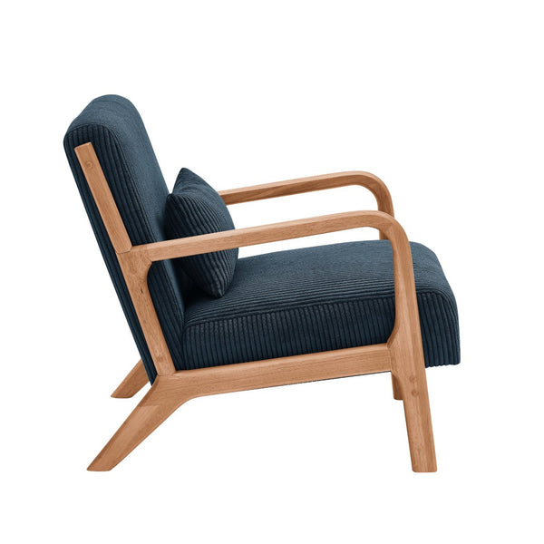 English Elm Wooden Scandinavian Lounge Chair Solid Frame Ribbed Corduroy Seat with Lumbar Cushion Blue B343P328597