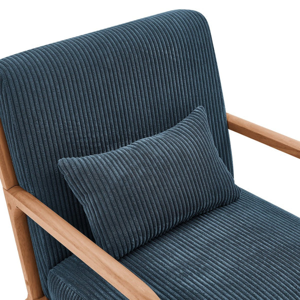 English Elm Wooden Scandinavian Lounge Chair Solid Frame Ribbed Corduroy Seat with Lumbar Cushion Blue B343P328597