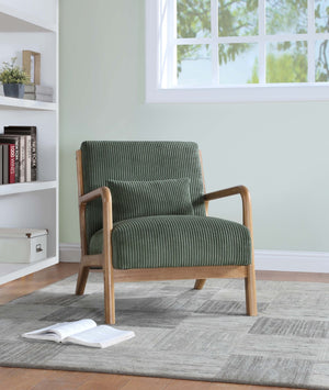 English Elm Wooden Scandinavian Lounge Chair Solid Frame Ribbed Corduroy Seat with Lumbar Cushion Frosty Green B343P328601