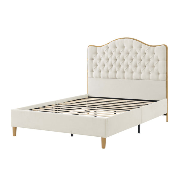 English Elm Luxelegance Button Tufted Queen Bed with Curved Headboard and Tapered Wood Legs Beige B343P383335