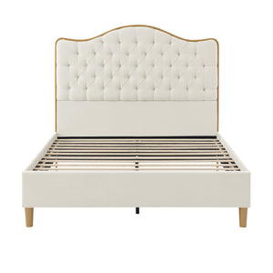 English Elm Luxelegance Button Tufted Queen Bed with Curved Headboard and Tapered Wood Legs Beige B343P383335