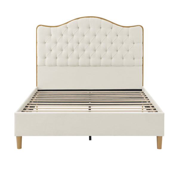 English Elm Luxelegance Button Tufted Queen Bed with Curved Headboard and Tapered Wood Legs Beige B343P383335