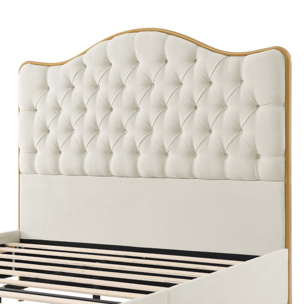 English Elm Luxelegance Button Tufted Queen Bed with Curved Headboard and Tapered Wood Legs Beige B343P383335