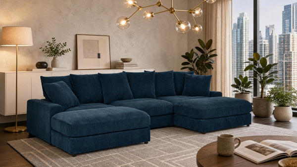 English Elm Wynisha Modular Corduroy Sofa with Adjustable Headrests and Solid Wood Legs Blue B343S00053