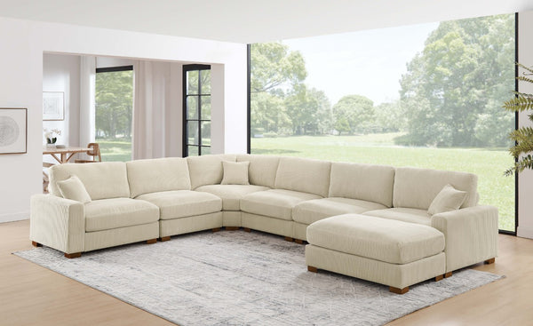 English Elm 164 Inch Corduroy Modular Sectional with Reversible Chaise and Adjustable Headrests Cream B343S00058