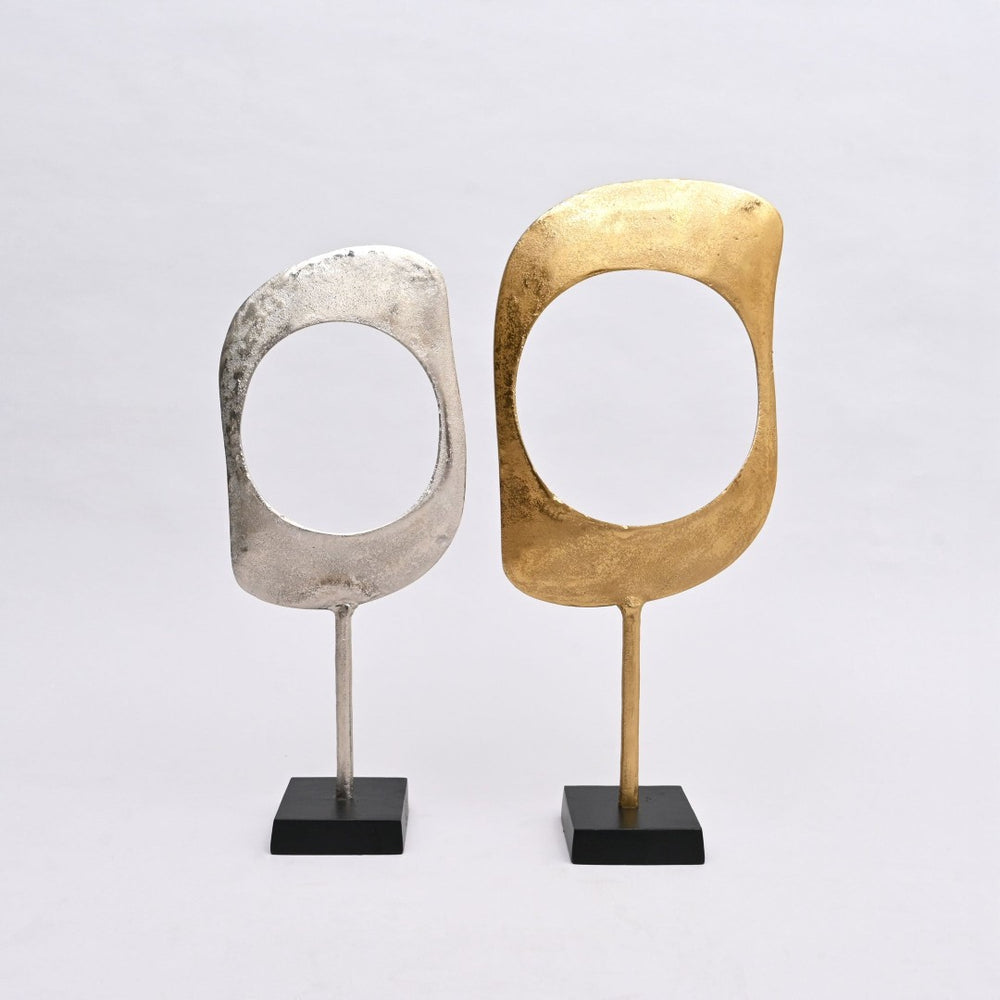 English Elm Gold and Nickel Aluminum Ring Sculptures Minimalist Mixed Metal Tabletop Accent Pair B346P324809