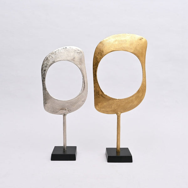 English Elm Gold and Nickel Aluminum Ring Sculptures Minimalist Mixed Metal Tabletop Accent Pair B346P324809