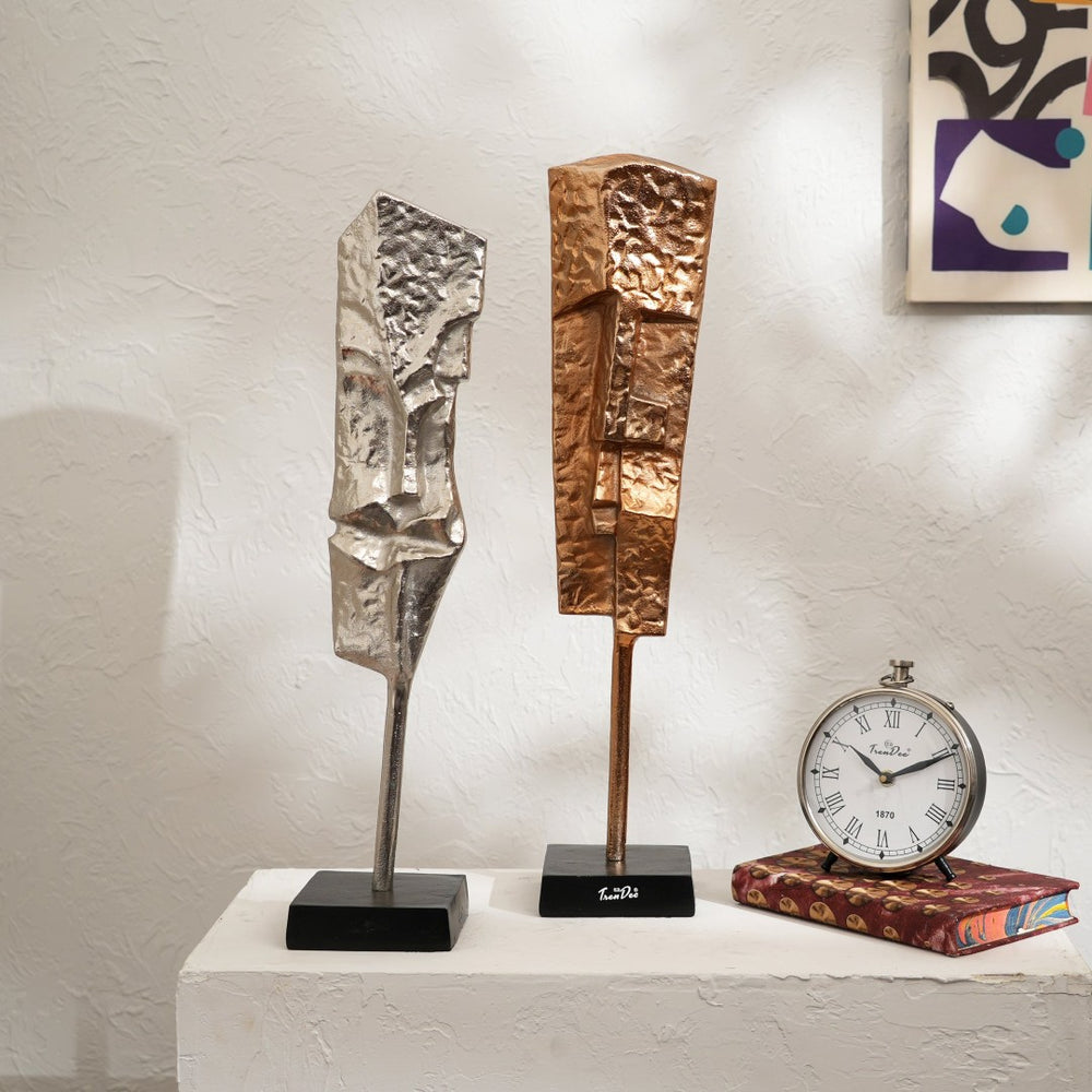 English Elm Set of 2 Abstract Aluminum Tower Sculptures Polished Gold Nickel Finish Black Base B346P324814
