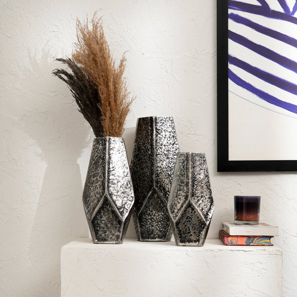 English Elm Decorative Brushed Aluminum Vase Set Three Graduated Heights Nickel Finish Home Accent B346P324821