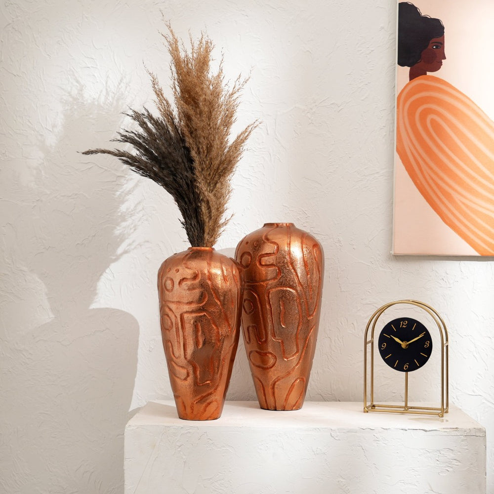 English Elm Decorative Cast Aluminum Vase Set Antique Copper Patina Artisan Embossed Shelf Accent B346P324823