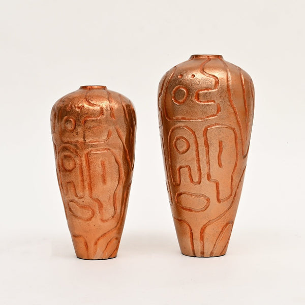 English Elm Decorative Cast Aluminum Vase Set Antique Copper Patina Artisan Embossed Shelf Accent B346P324823