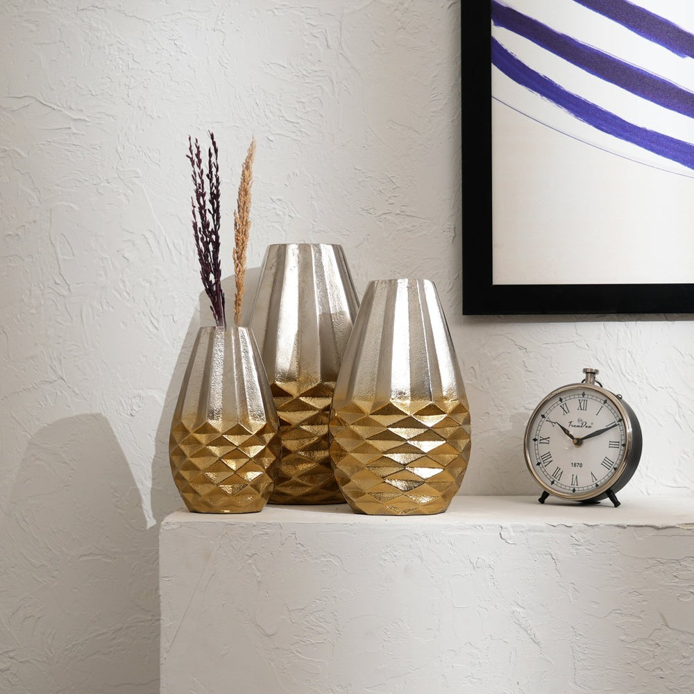 English Elm Decorative Aluminum Beehive Textured Vase Set Three Graduated Metallic Mantel Accents B346P324825