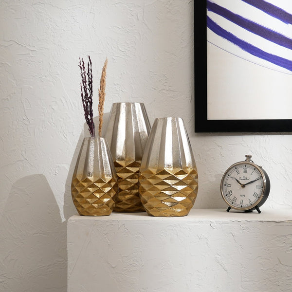 English Elm Decorative Aluminum Beehive Textured Vase Set Three Graduated Metallic Mantel Accents B346P324825
