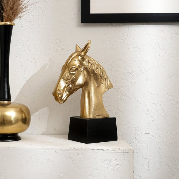 English Elm Graceful Polished Gold Aluminum Horse Head Sculpture with Sleek Black Base Desk Decor B346P324831