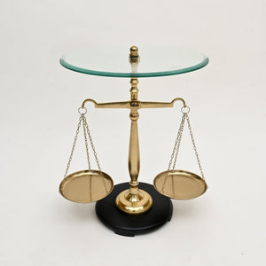 English Elm Decorative Libra Zodiac Aluminum Side Table with Tempered Glass Top for Eclectic Interiors B346P324835