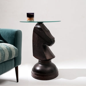 English Elm Decorative Hammered Brass Aluminum Horse Sculpture Side Table with Tempered Glass Top B346P324839