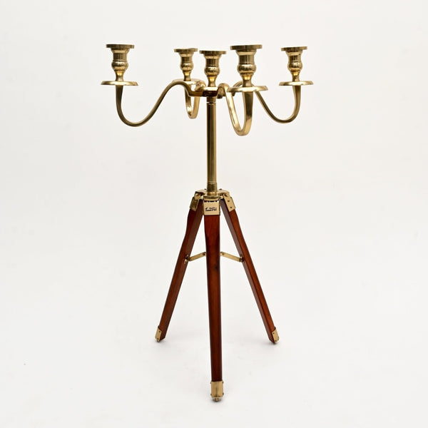 English Elm Elegant Gold Aluminum Tripod Floor Candle Holder with Wood Accent for Living Rooms B346P324860