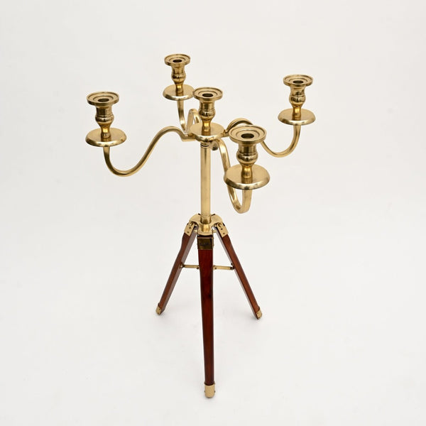 English Elm Elegant Gold Aluminum Tripod Floor Candle Holder with Wood Accent for Living Rooms B346P324860