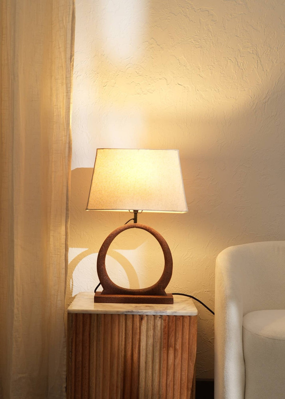 English Elm Decorative Wood Base Table Lamp with Fabric Shade for Bedroom or Living Room B346P325421