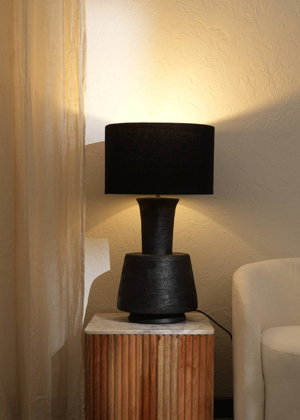 English Elm Handcrafted Solid Wood Base Table Lamp with Black Drum Shade for Modern Living Rooms B346P325424