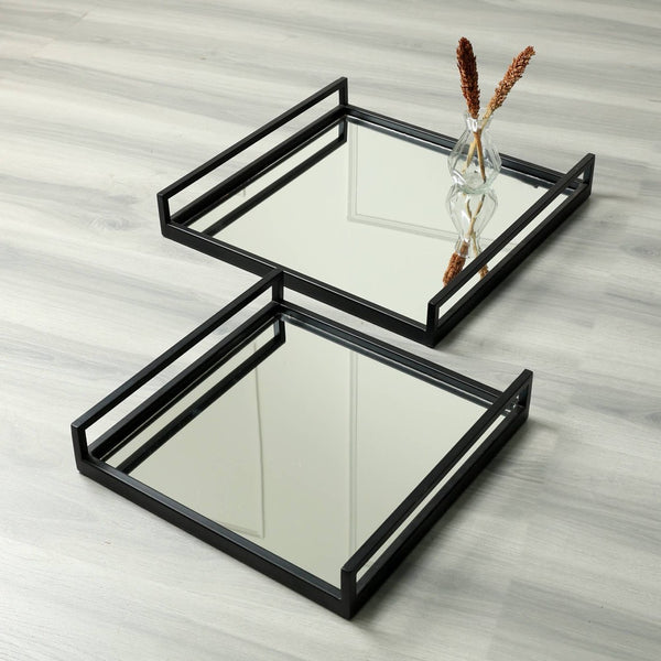English Elm Handcrafted Glass and Metal Frame Square Serving Tray Set for Elegant Entertaining B346P327272