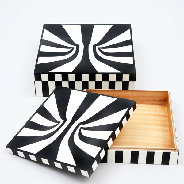 English Elm Hyphnotic Geometric Black White Lidded Box Set Mdf Decor for Console or Coffee Table B346P335653