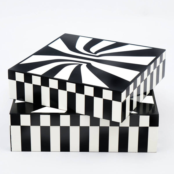 English Elm Hyphnotic Geometric Black White Lidded Box Set Mdf Decor for Console or Coffee Table B346P335653