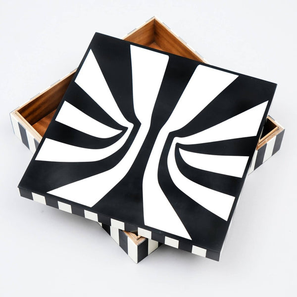 English Elm Hyphnotic Geometric Black White Lidded Box Set Mdf Decor for Console or Coffee Table B346P335653