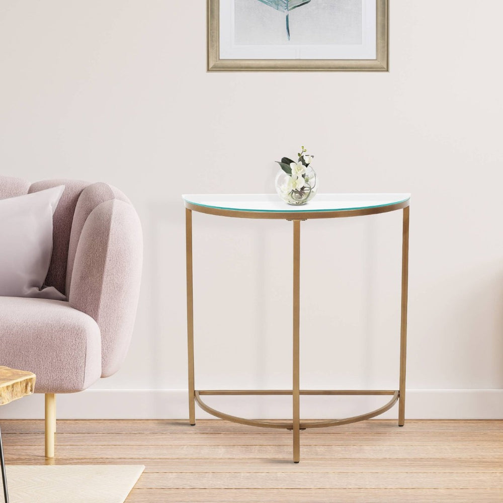 English Elm D-shaped Glass Top Console Table with Gold Metal Base for Entryway or Hallway B346P335654