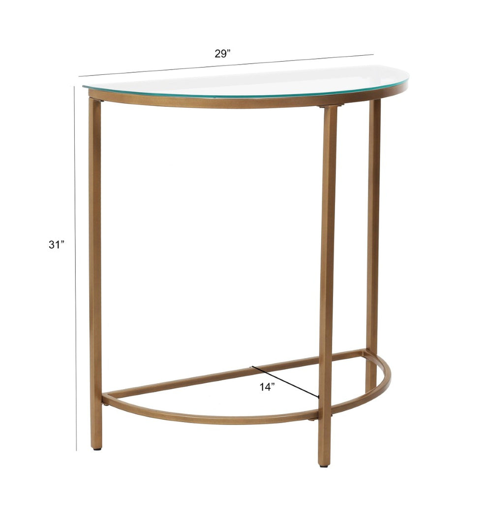 English Elm D-shaped Glass Top Console Table with Gold Metal Base for Entryway or Hallway B346P335654