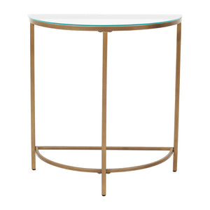 English Elm D-shaped Glass Top Console Table with Gold Metal Base for Entryway or Hallway B346P335654