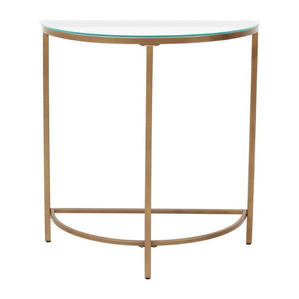 English Elm D-shaped Glass Top Console Table with Gold Metal Base for Entryway or Hallway B346P335654