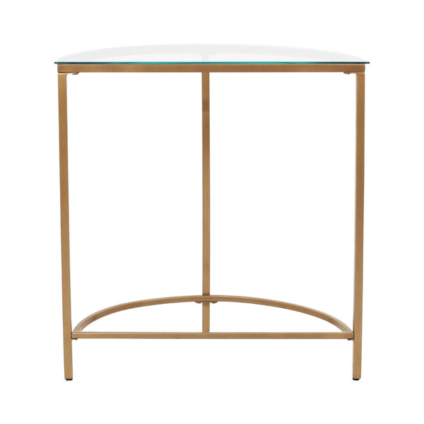English Elm D-shaped Glass Top Console Table with Gold Metal Base for Entryway or Hallway B346P335654