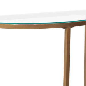 English Elm D-shaped Glass Top Console Table with Gold Metal Base for Entryway or Hallway B346P335654
