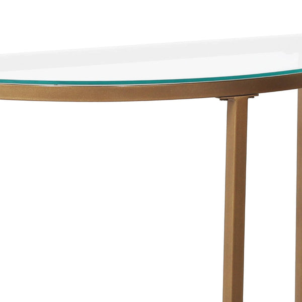 English Elm D-shaped Glass Top Console Table with Gold Metal Base for Entryway or Hallway B346P335654