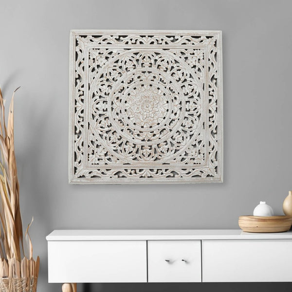 English Elm White Handcrafted Geometric Wood Wall Panel Large Square Statement Art for Any Room B346P356171