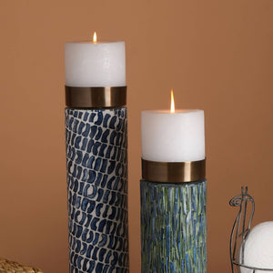 English Elm Elegant Blue Bone Artisan Candle Stand with Resin Inlay and Metallic Silver Top B346P392361