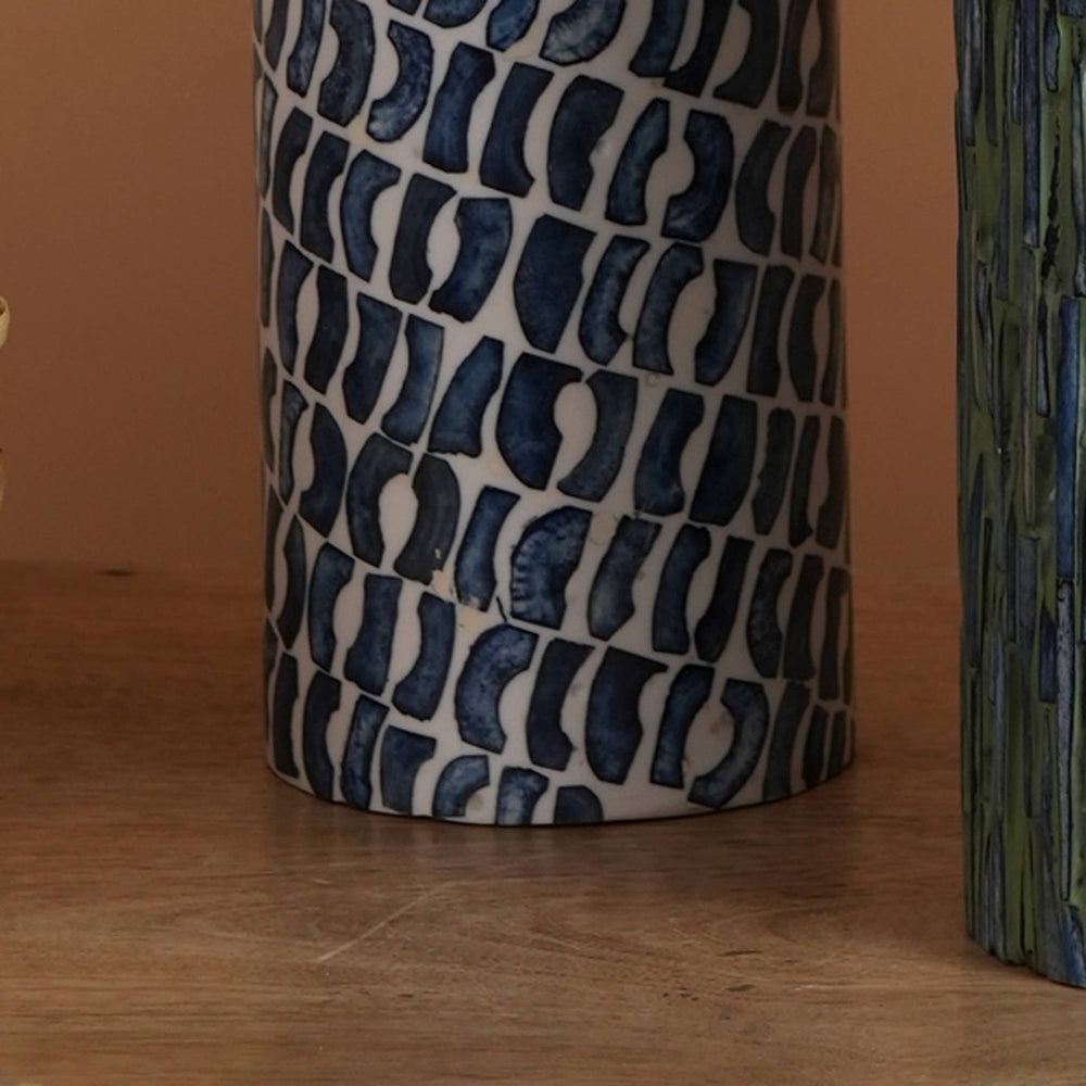 English Elm Elegant Blue Bone Artisan Candle Stand with Resin Inlay and Metallic Silver Top B346P392361